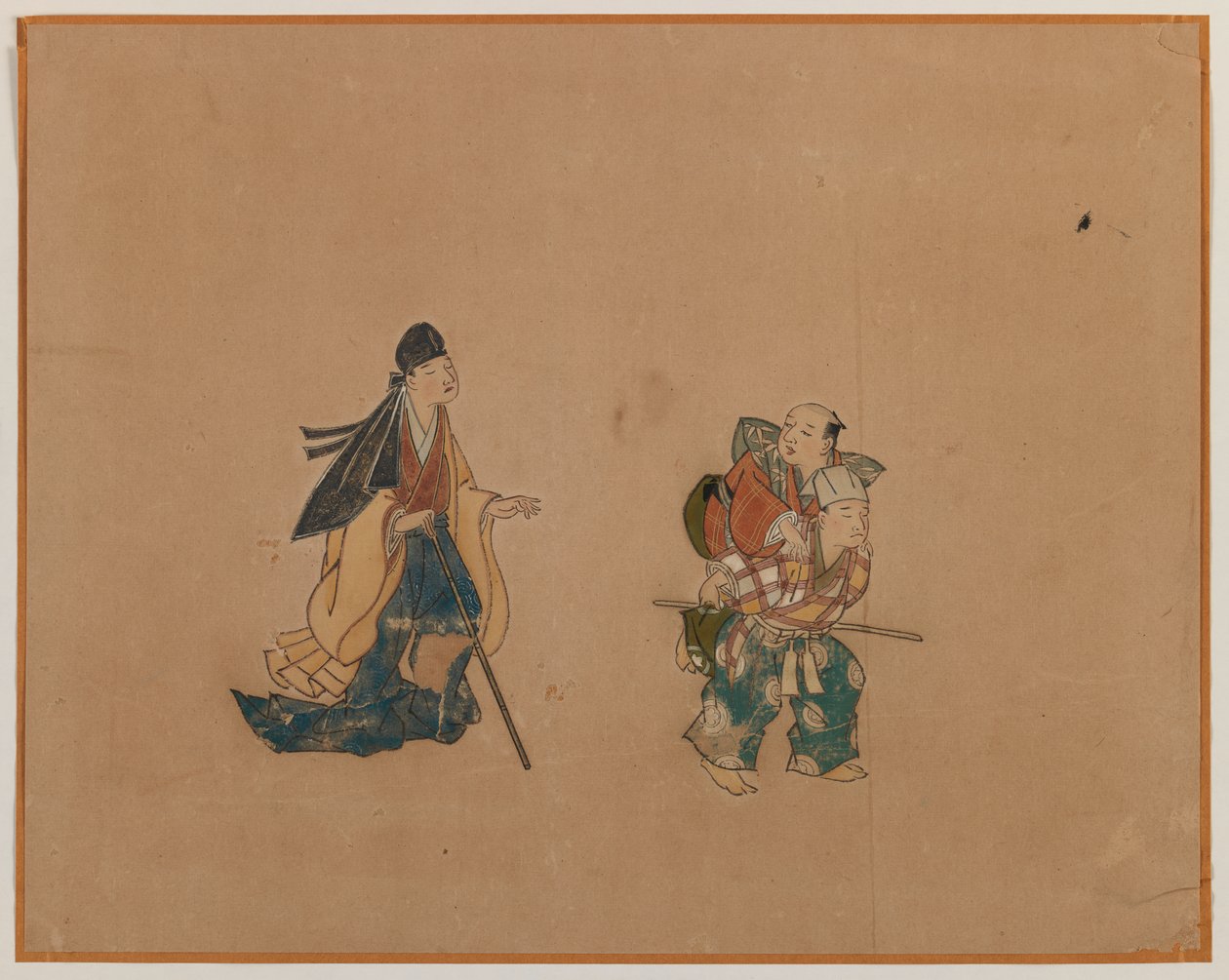 Szamuráj és két vak, Album levélfestmény (tintával és színes papíron) alkotó: Japanese School