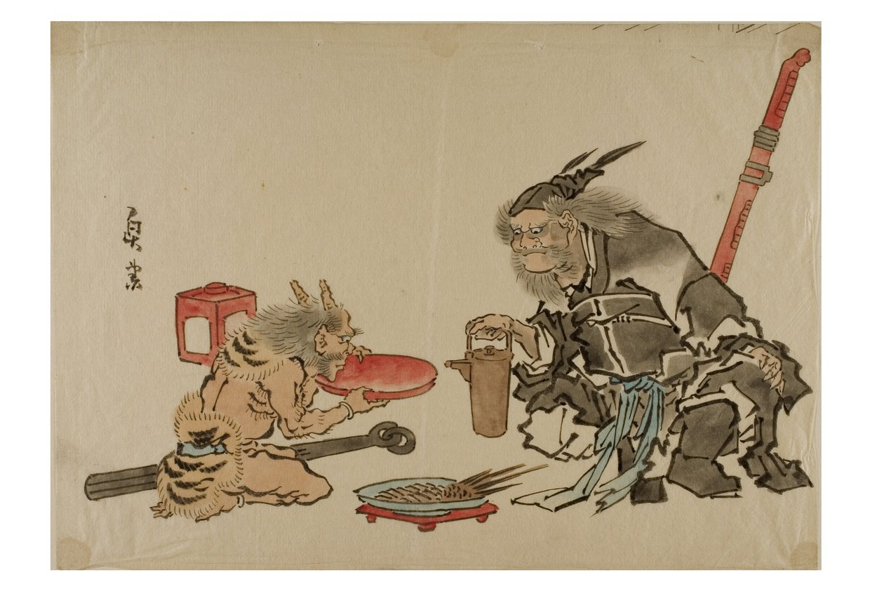 Shoki a kedvéért egy démonnak szolgál, 1895-1905 körül (tinta papíron) alkotó: Japanese School