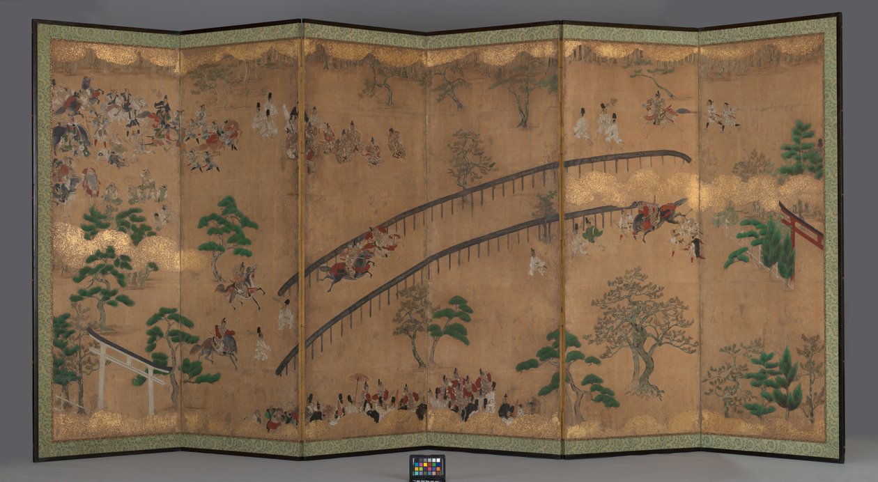 Hat paneles képernyő: Lóverseny Kamoban Szentély, 18. század eleje (Tinta, arany pigment, szín és aranylevél rajta papír) alkotó: Japanese School