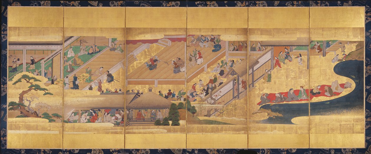 Hat hajtású képernyő Noh Play Funa-Benkei-vel, 1660 körül (színes, gofun, tinta és arany papíron) alkotó: Japanese School