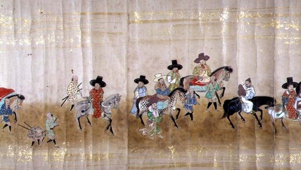 Korea hatodik nagykövetsége Japánban a Meireki 1-ben, Tokugawa Ietsuna utódlása idején, 1651-ben, valószínűleg Kano Masunobu (1625-94) (tekercses festmény) (részlet) alkotó: Japanese School