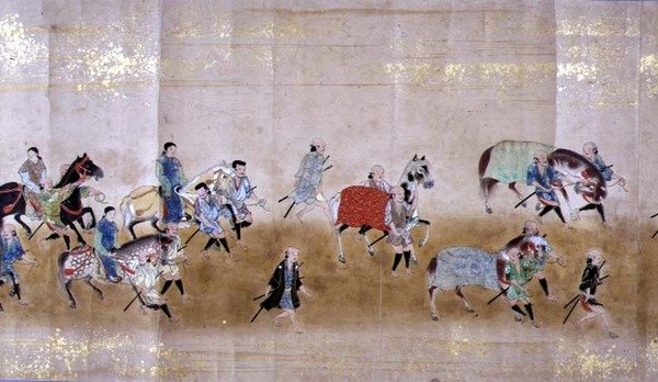 Korea hatodik nagykövetsége Japánban a Meireki 1-ben, Tokugawa Ietsuna 1651-es utódlása idején, valószínűleg Kano Masunobu (1625-94) (tekercses festmény) (részlet) alkotó: Japanese School