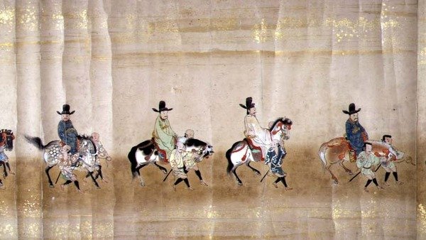 Korea hatodik nagykövetsége Japánban a Meireki 1-ben, Tokugawa Ietsuna 1651-es utódlása idején, valószínűleg Kano Masunobu (1625-94) (tekercses festmény) (részlet) alkotó: Japanese School