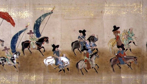 Hatodik koreai követség Japánban a Meireki 1-ben Tokugawa Ietsuna trónra lépésének idején, 1651-ben, valószínűleg Kano Masunobu (1625-94) alkotása (tekercsfestmény) (részlet) alkotó: Japanese School