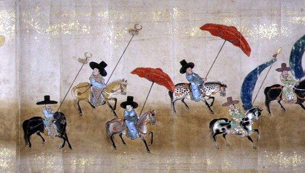 Korea hatodik nagykövetsége Japánban a Meireki 1-ben, Tokugawa Ietsuna utódlása idején, 1651-ben, valószínűleg Kano Masunobu (1625-94) (tekercses festmény) (részlet) alkotó: Japanese School