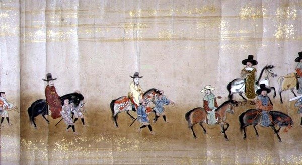 Korea hatodik nagykövetsége Japánban a Meireki 1-ben, Tokugawa Ietsuna utódlása idején, 1651-ben, valószínűleg Kano Masunobu (1625-94) (tekercses festmény) (részlet) alkotó: Japanese School
