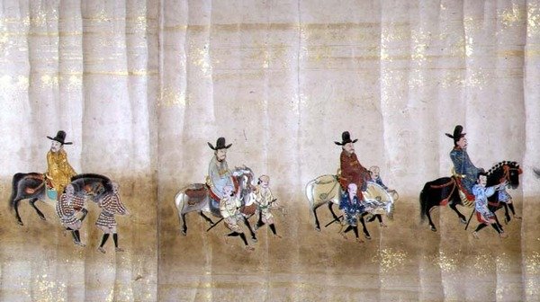 Korea hatodik nagykövetsége Japánban a Meireki 1-ben, Tokugawa Ietsuna utódlása idején, 1651-ben, valószínűleg Kano Masunobu (1625-94) (tekercses festmény) (részlet) alkotó: Japanese School