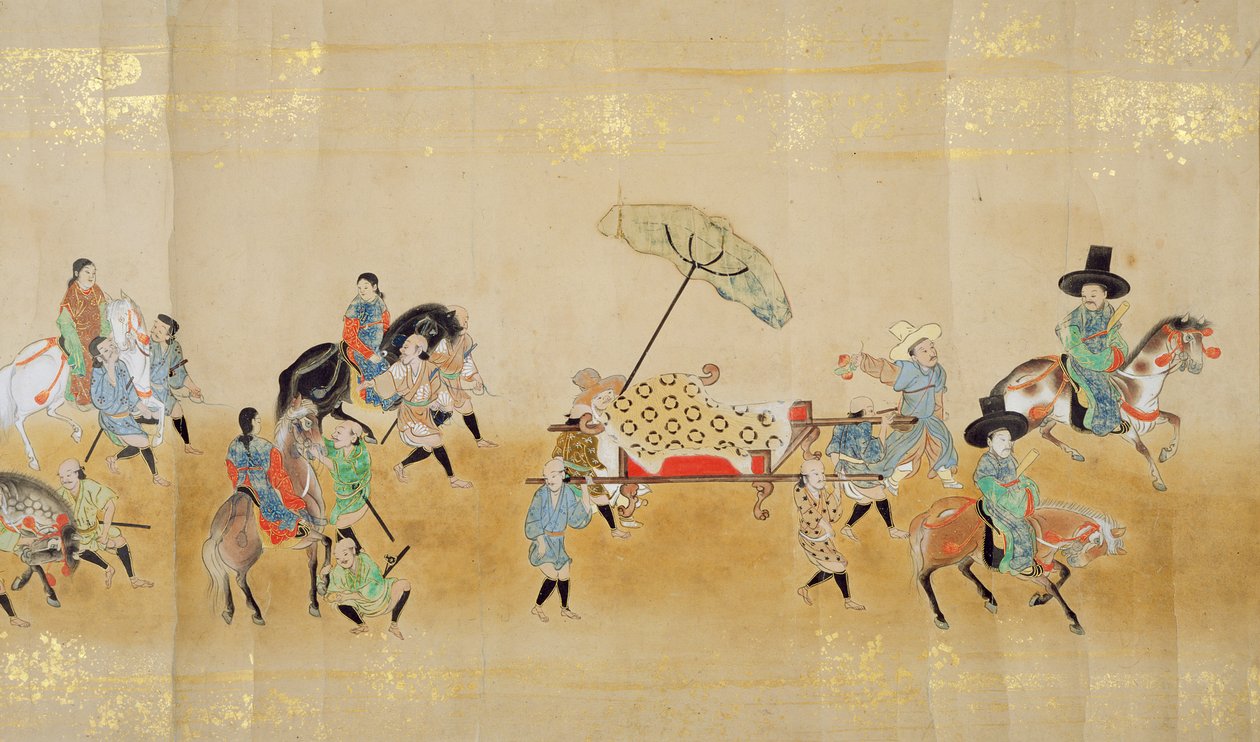 Korea hatodik nagykövetsége Japánban a Meireki 1-ben a Tokugawa Ietsunas utódlás idején, 1651-ben, valószínűleg Kano Masunobu (1625-94) (tekercses festmény) (részlet) alkotó: Japanese School