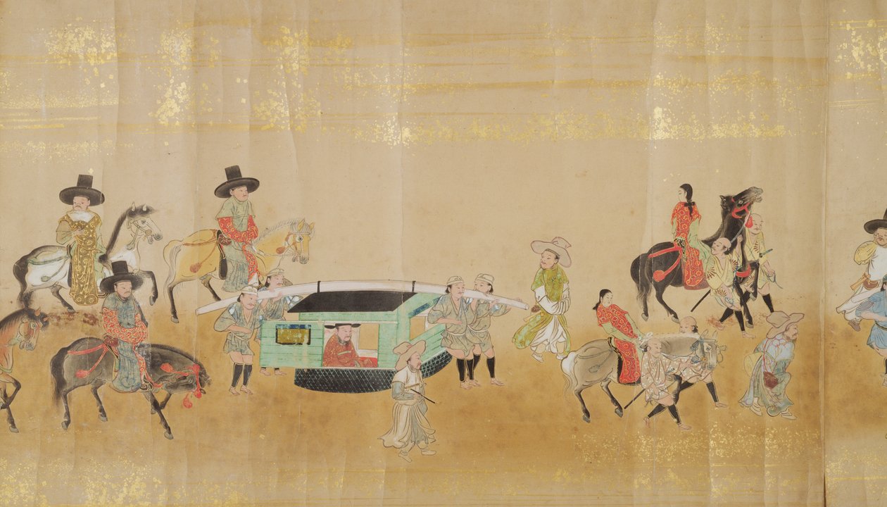 Korea hatodik nagykövetsége Japánban a Meireki 1-ben a Tokugawa Ietsunas utódlás idején, 1651-ben, valószínűleg Kano Masunobu (1625-94) (tekercses festmény) (részlet) alkotó: Japanese School