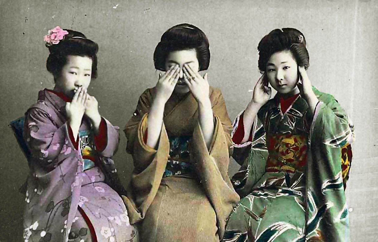 Ne beszélj gonoszt, ne láss gonoszt, ne hallj gonoszt, c1880 (Kézi színű albumen fénykép) alkotó: Japanese School