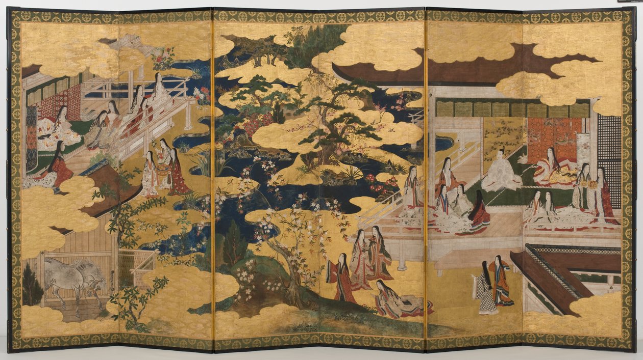 Tavasz a palotában, hatszoros képernyő a Genji meséjéből, 1650 körül (tinta, színek és arany papíron) alkotó: Japanese School