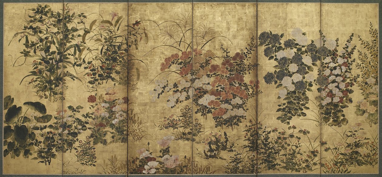 Nyári és őszi virágok, Edo-korszak, 1615-68 (színe aranypapír felett) alkotó: Japanese School