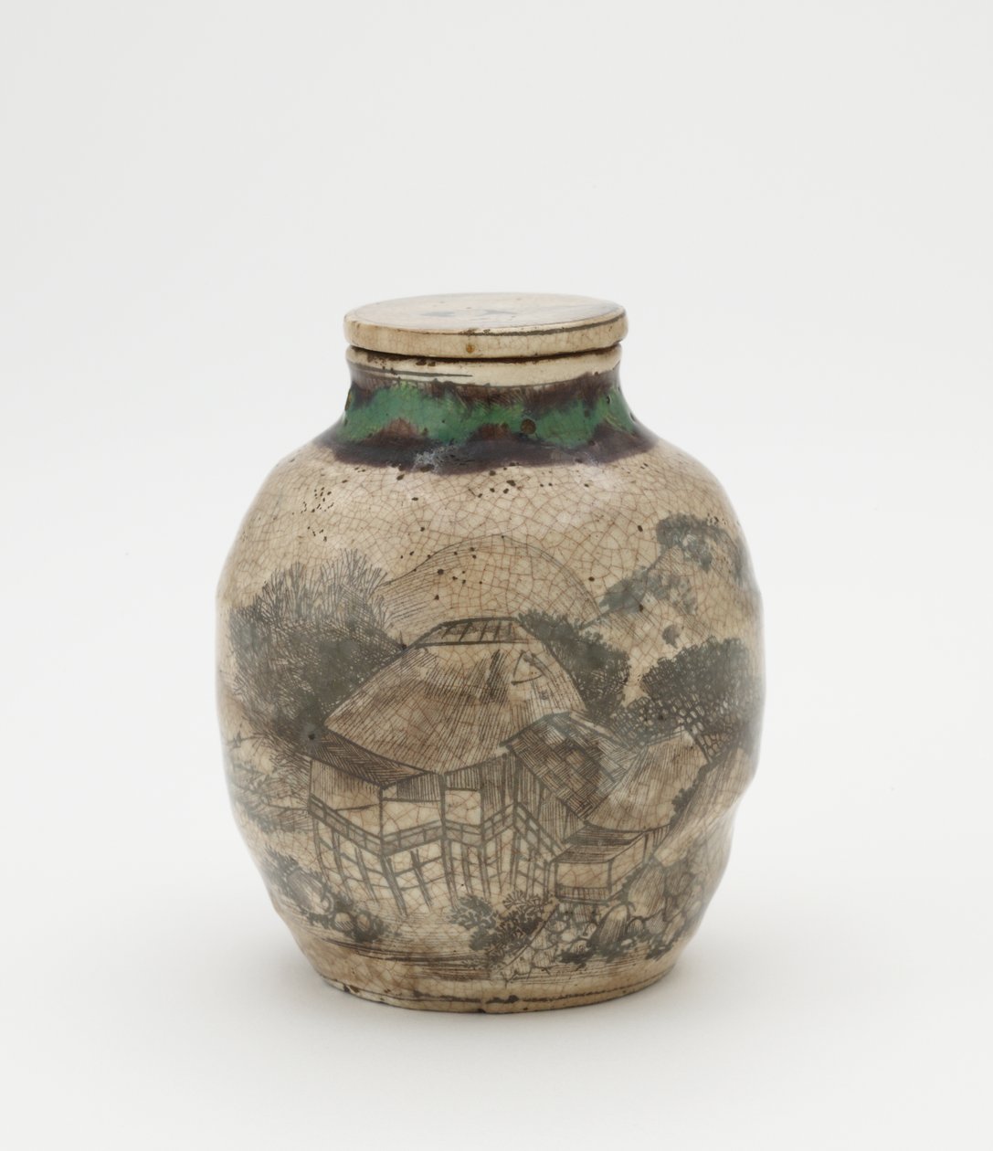 Tealevél tégely senchához, hozzáillő tetővel, Kiotóhoz kapcsolódó edények, Tealevél tégely (sencha tsubo) alkotó: Japanese School