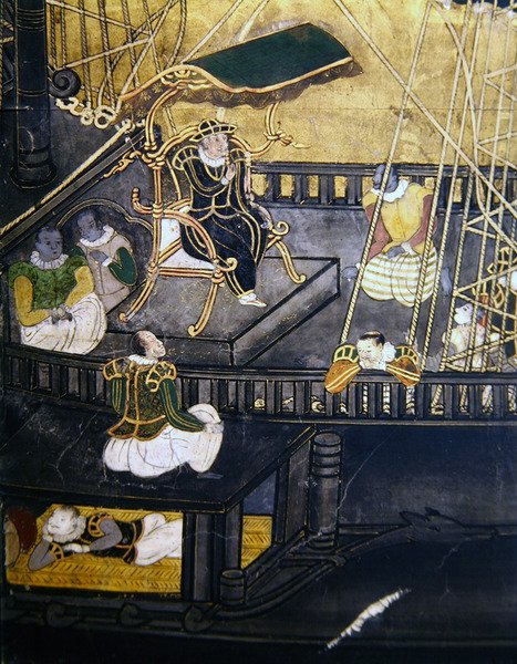 A portugálok érkezése Japánba, részlet, amely férfiakat ábrázol egy hajó központi részében, egy Namban Byobu képernyőről, 1594-1618 alkotó: Japanese School