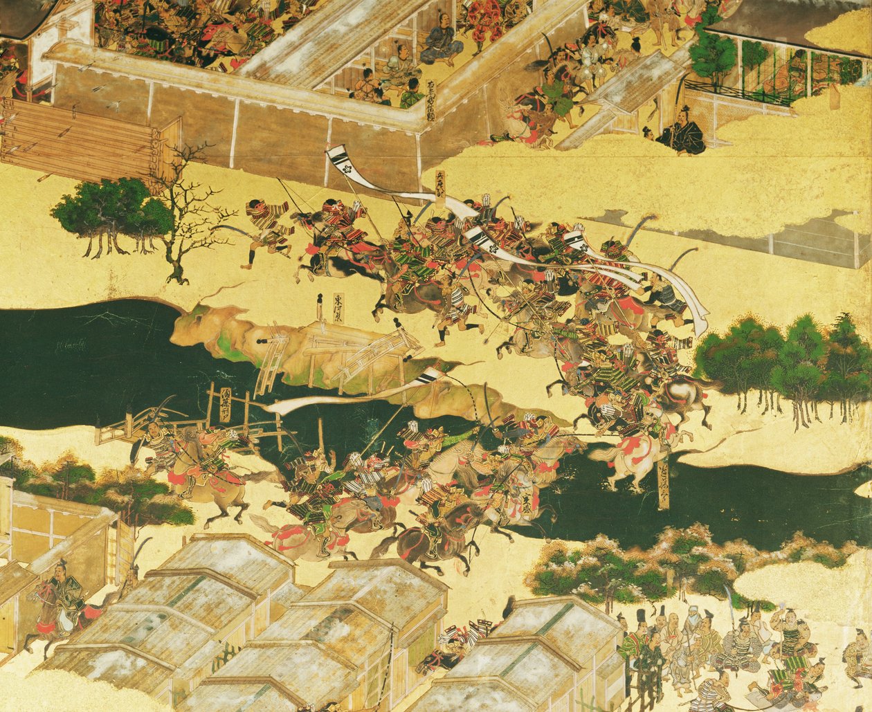 A halogén csata képernyőről, Momoyama-korszak (1568-1600) (toll és tinta, szín és arany a panelen) (részlet) alkotó: Japanese School