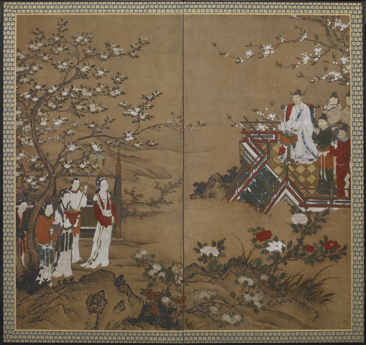 Ming Huang kínai császár és ágyasa, Yang Kuei-fei játszik és énekel, hogy virágba boruljanak, Edo-korszak (szín és arany a papíron) alkotó: Japanese School