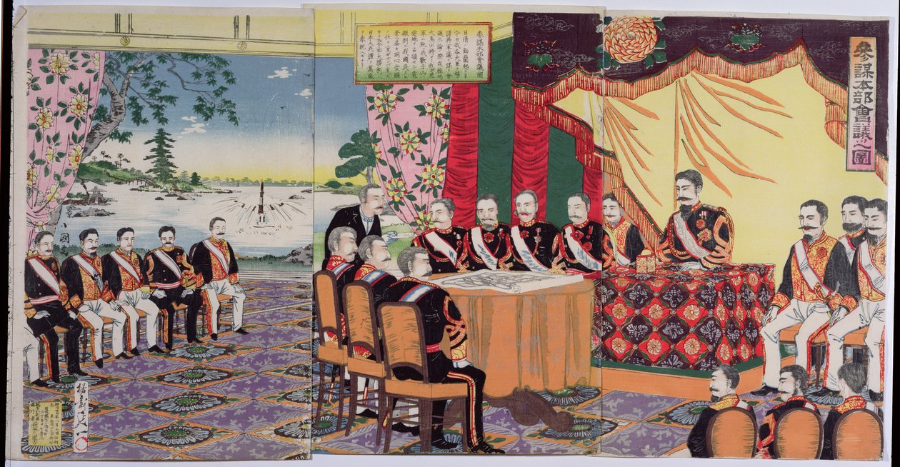 Mutsuhito császár (1852-1912) Haditanácsot tart, egy epizód a kínai-japán háborúból, 19. század végén (színes fatömbnyomat) (lásd még: 176842) alkotó: Japanese School