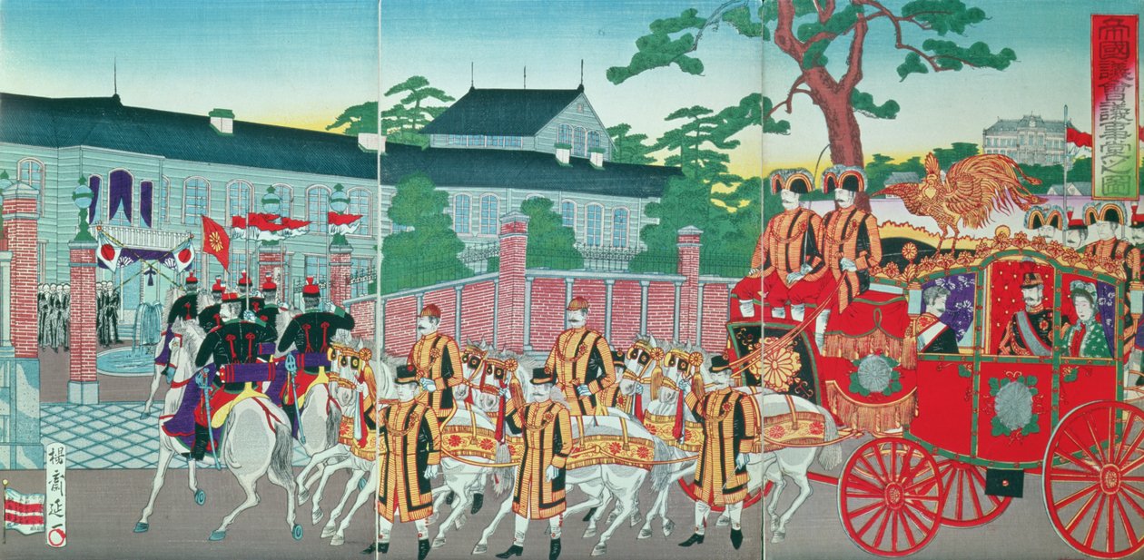 Mutsuhito császár (1852-1912) visszatér tokiói palotájába, 19. század végén (színes fatömbnyomat) alkotó: Japanese School