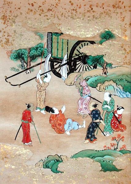 Shogaku szerzetest (1126-1235) a brigandok megtámadják (akvarell papíron) alkotó: Japanese School