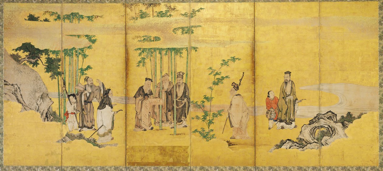 A bambuszliget hét bölcse, Kan? iskola (tinta, szín, arany és arany levél papíron) alkotó: Japanese School