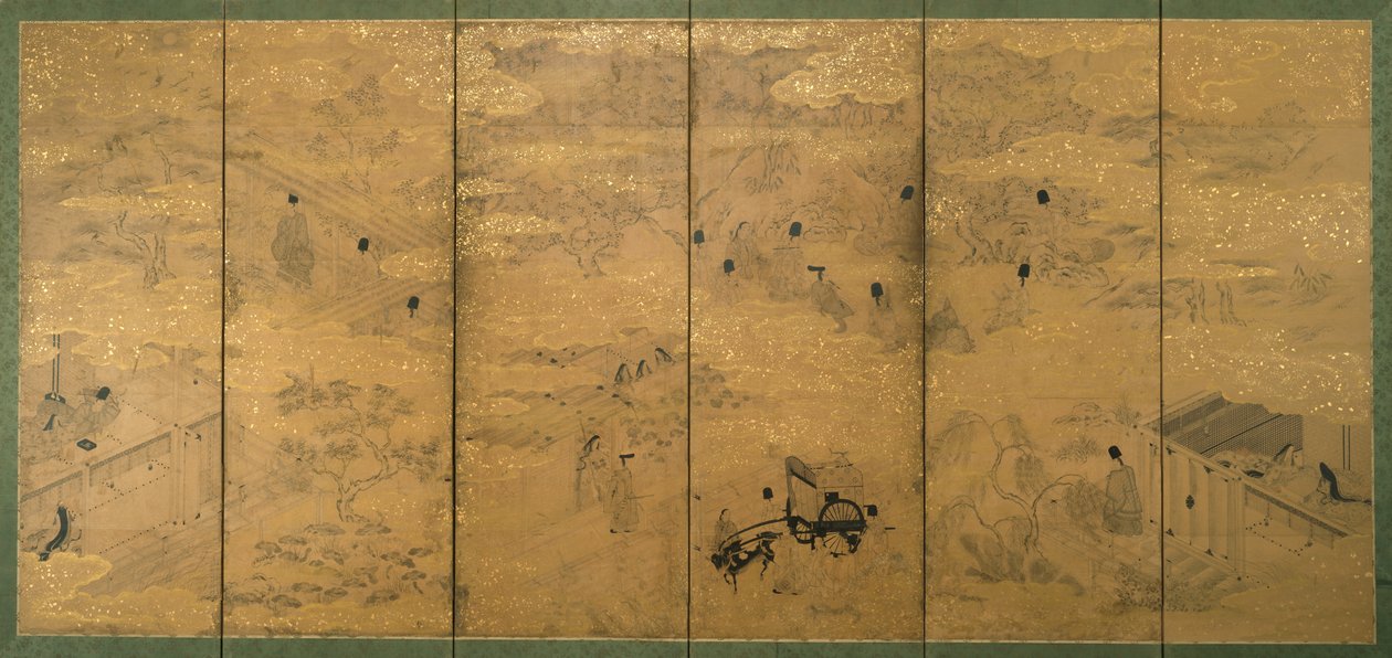 Genji meséje, 17. század vége – 18. század eleje (pigment tinta és aranylevél csillámpapíron) (171423-as pár) alkotó: Japanese School