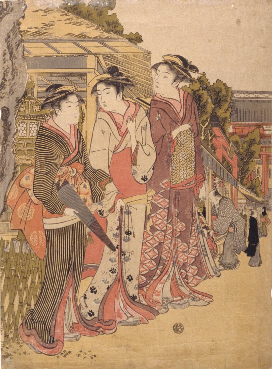 Három szépség a piacon (színes fatömb nyomat) alkotó: Japanese School