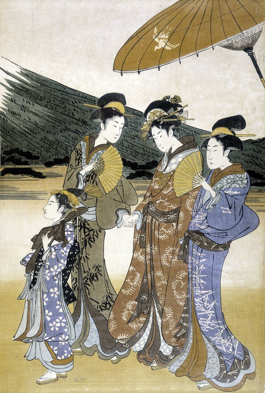 Három nő és gyerek, japán nyomat alkotó: Japanese School