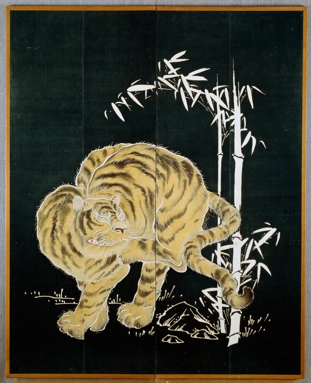 Tigris és bambusz, motívum kétajtós pamutszitán (byobu), rizskeményítő és indigó mártás pigmentekkel, japán civilizáció, Meidzsi-Taisho időszak alkotó: Japanese School