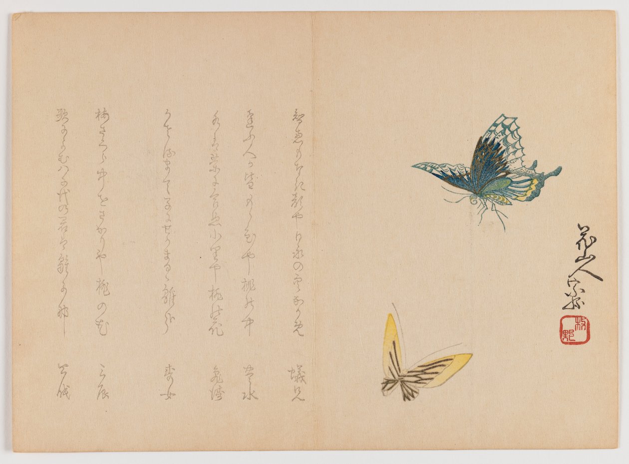 Két pillangó, 1860 körül (fatömbnyomat, vízszintes Chûban yoko-e formátum) alkotó: Japanese School