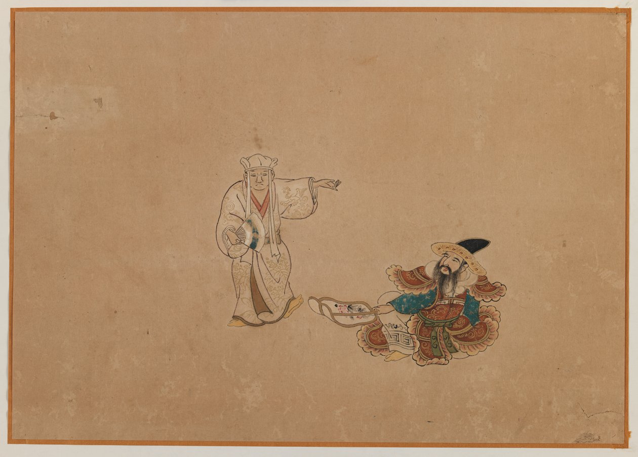 Két figura, albumlevél festmény (tintával és színes papíron) alkotó: Japanese School