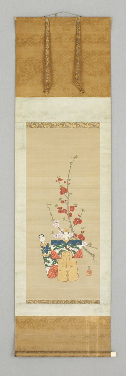 Két japán baba és egy virágzó Ág, 18. század vége (szín a selyemen) alkotó: Japanese School