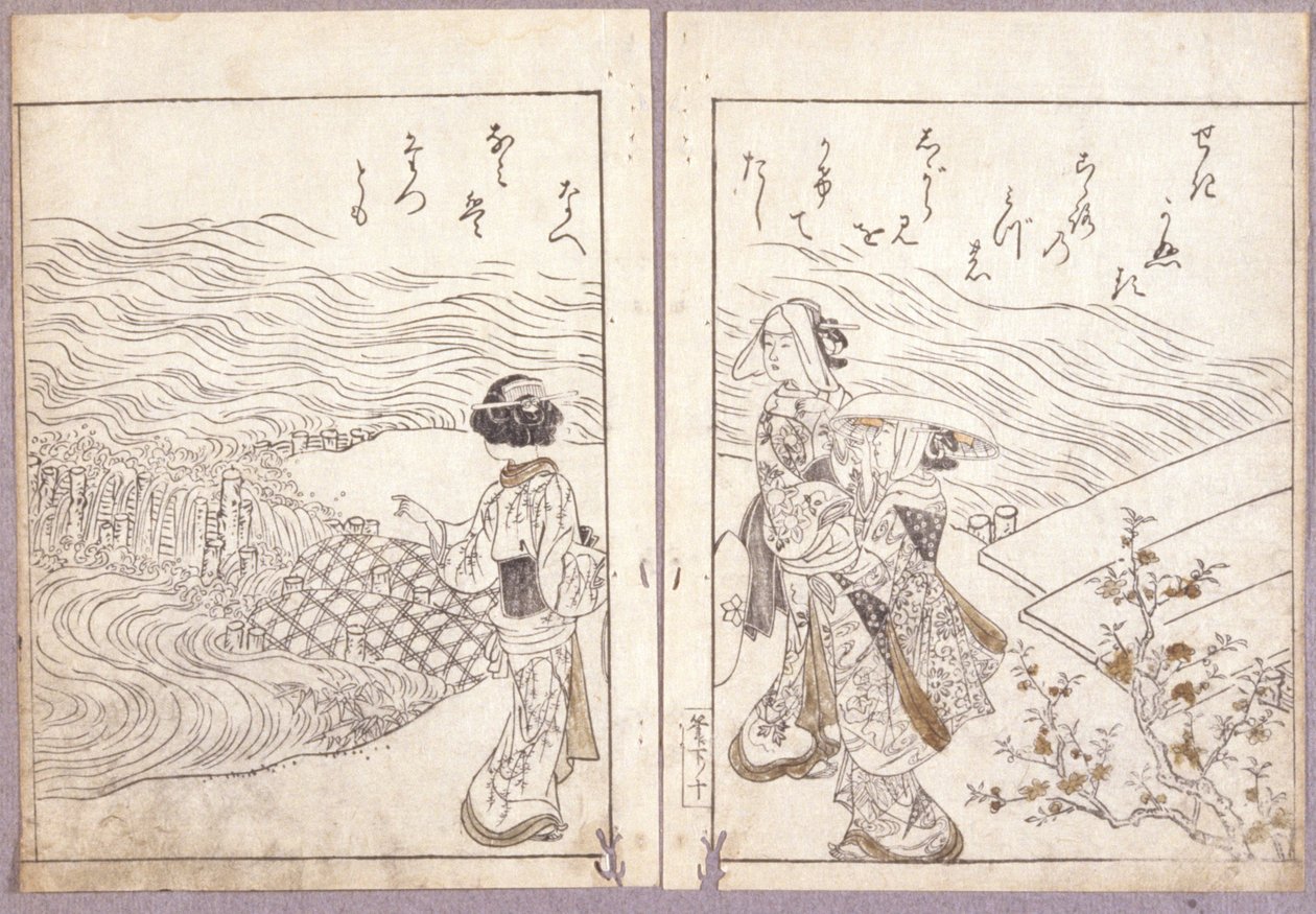 Untitled (Hojo party az Azuma Genji zarándoklati tömegtől, akik a Buddha-képet nézik) (színes fametszetek) alkotó: Japanese School