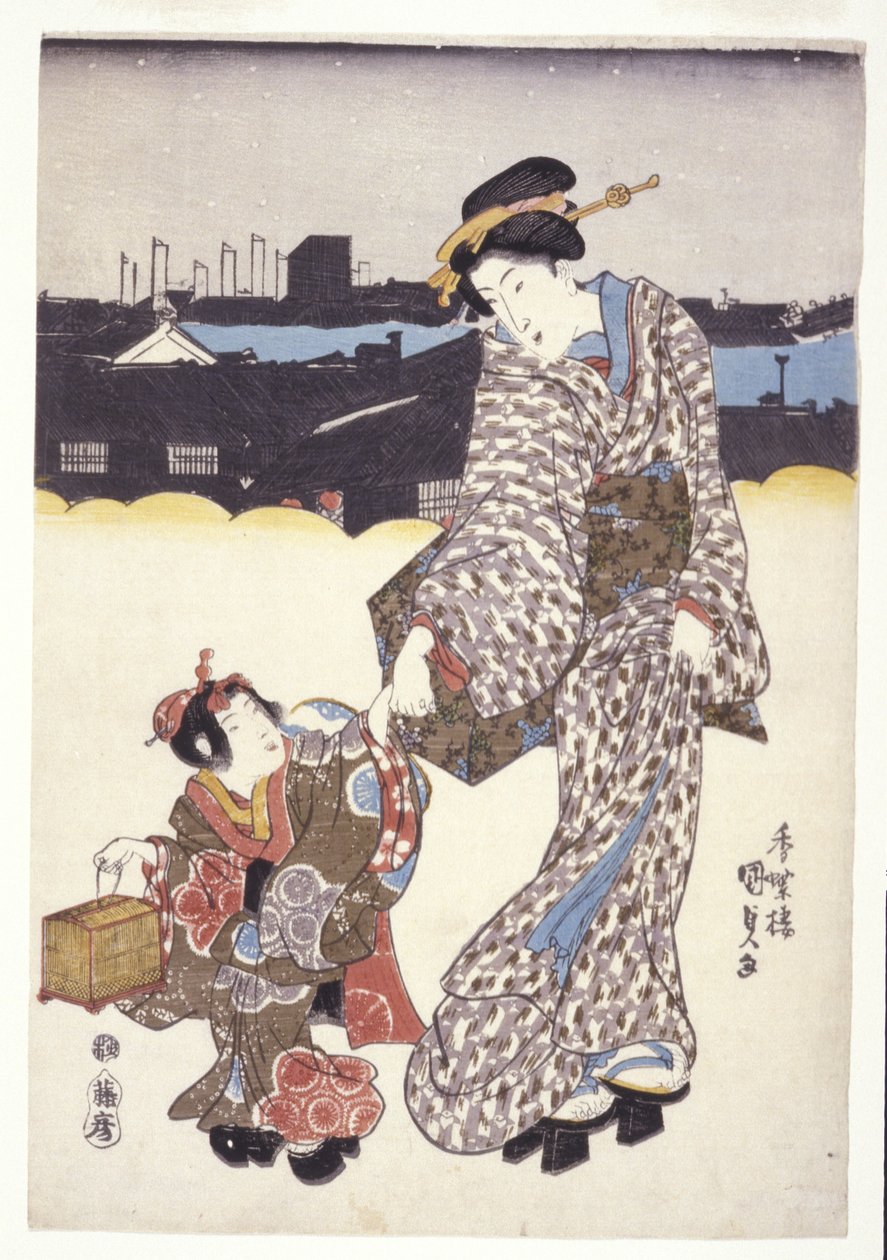 Cím nélkül (Egy nő és gyermek) (színes fametszetek) alkotó: Japanese School