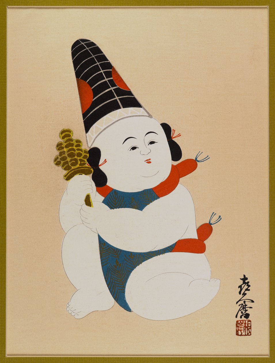 Cím nélkül (Ülő fiú, kalapot visel, játékot tart a kezében) (fatömb színes nyomat) alkotó: Japanese School
