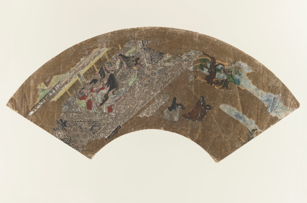 Untitled - Legyező alakú festmény egy pavilonban ülő hölgyekről, akik játszanak, 1603-1868 alkotó: Japanese School