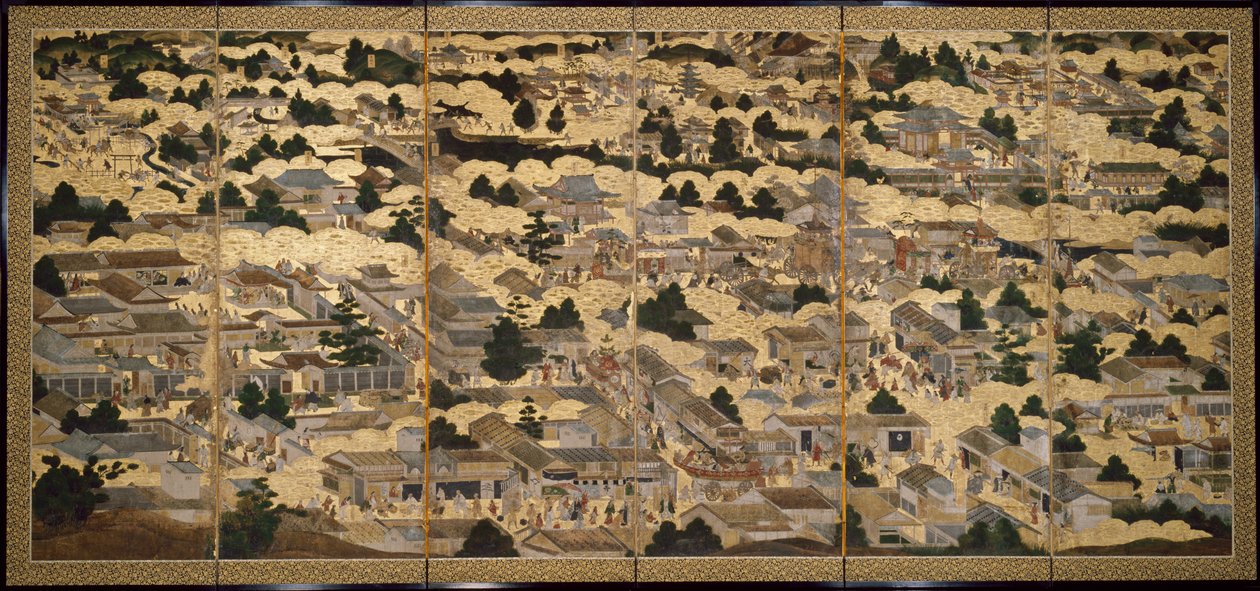 Nézetek Kiotóban és környékén (Rakuchu rakugai zu), 1616-24 körül (tinta, színes és leveles arany, papír) alkotó: Japanese School