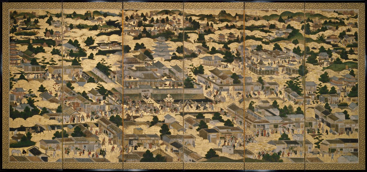 Nézetek Kiotóban és környékén (Rakuchu rakugai zu), 1616-24 körül (tinta, színes és leveles arany, papír) alkotó: Japanese School