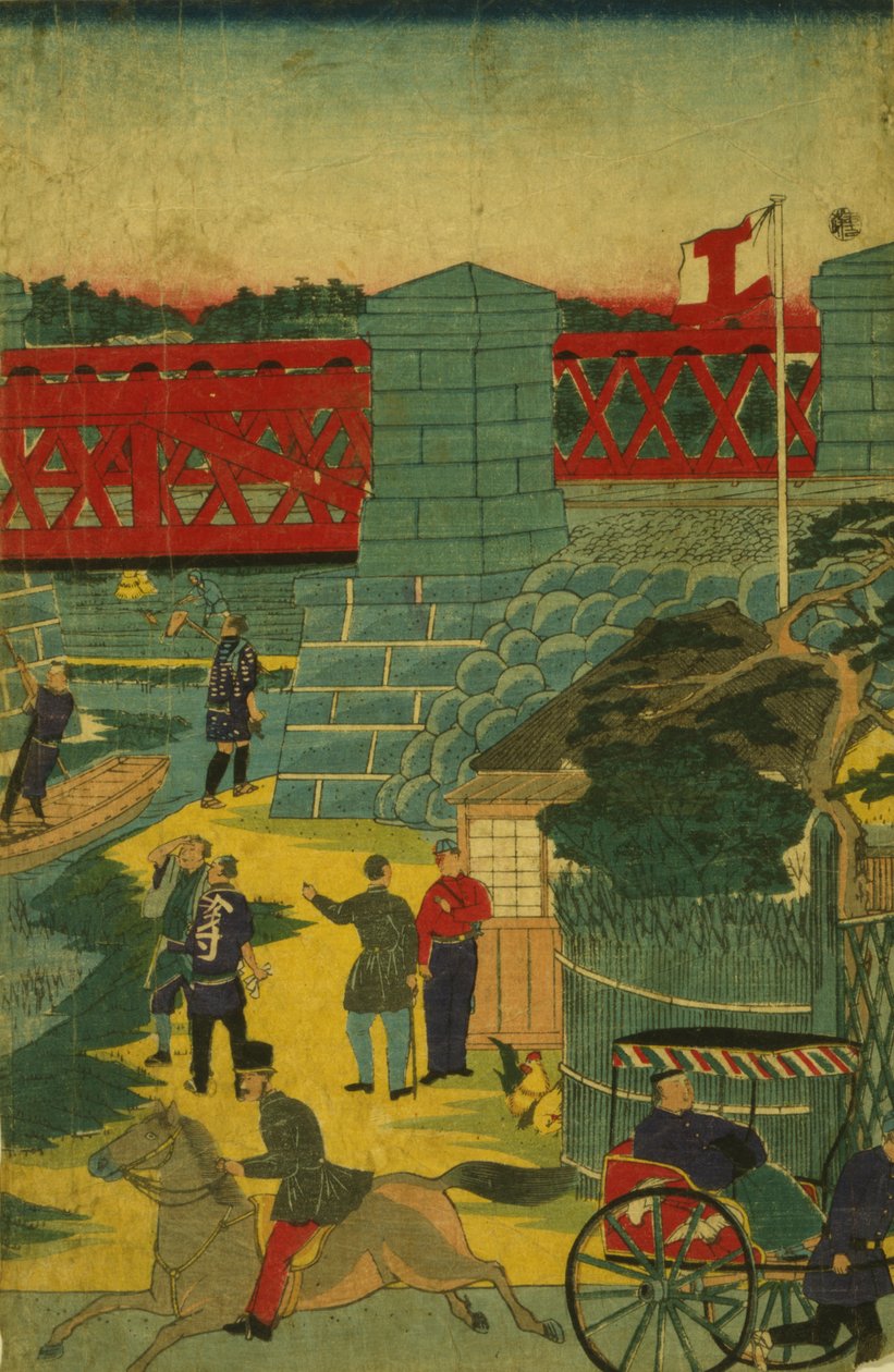 Falusi jelenet Japánban, ahol különböző tevékenységeket folytató emberek láthatók, 1870 körül alkotó: Japanese School