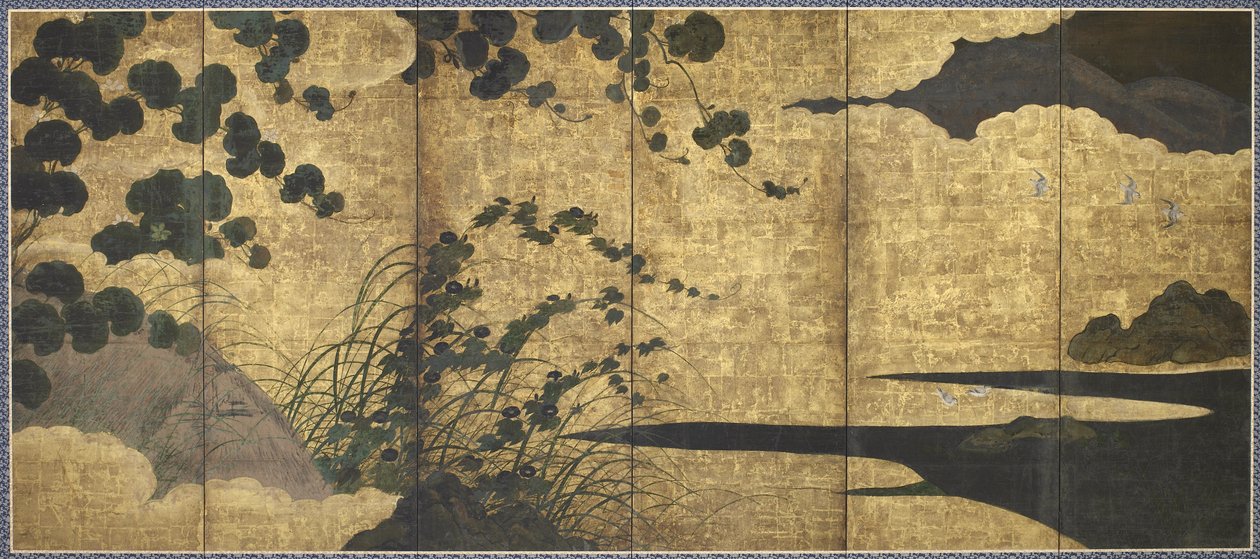 Szőlő, kunyhó, füvek és parti madarak, Momoyama-korszak, 1568-1615 (arany, tinta és színes papíron) alkotó: Japanese School