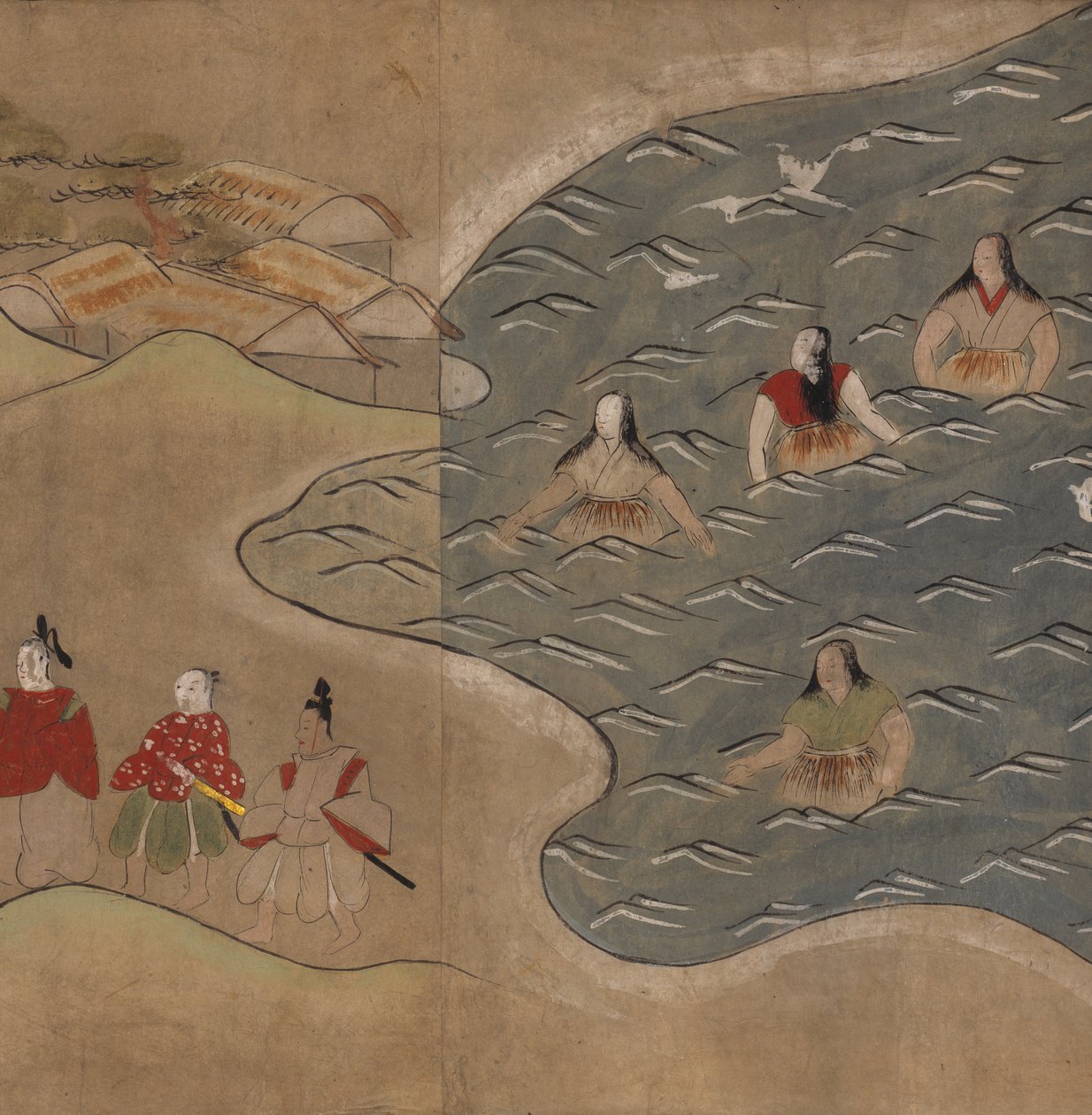 Nők a tengerben, illusztráció a „Taishokkan”-ból (tinta és színes papíron) alkotó: Japanese School