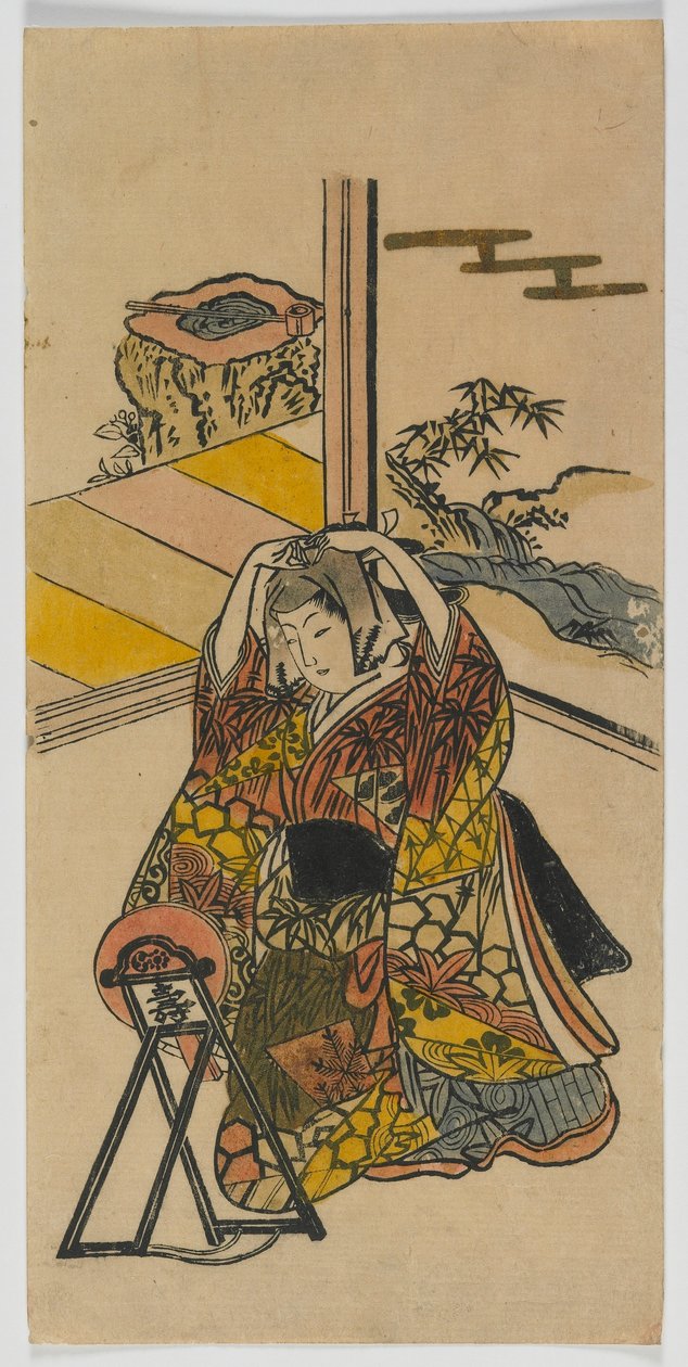 Fiatal nő egy tükör mellett térdel, Edo-korszak, 1720-as évek (színes fatömbnyomat) alkotó: Japanese School