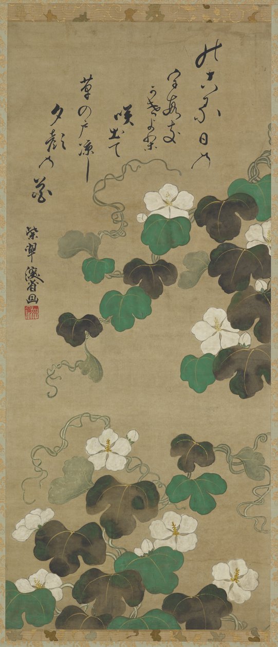 Yugao szőlő és egy vers, Függő tekercs (táblára szerelve), 18-19. század (színes papíron) alkotó: Japanese School
