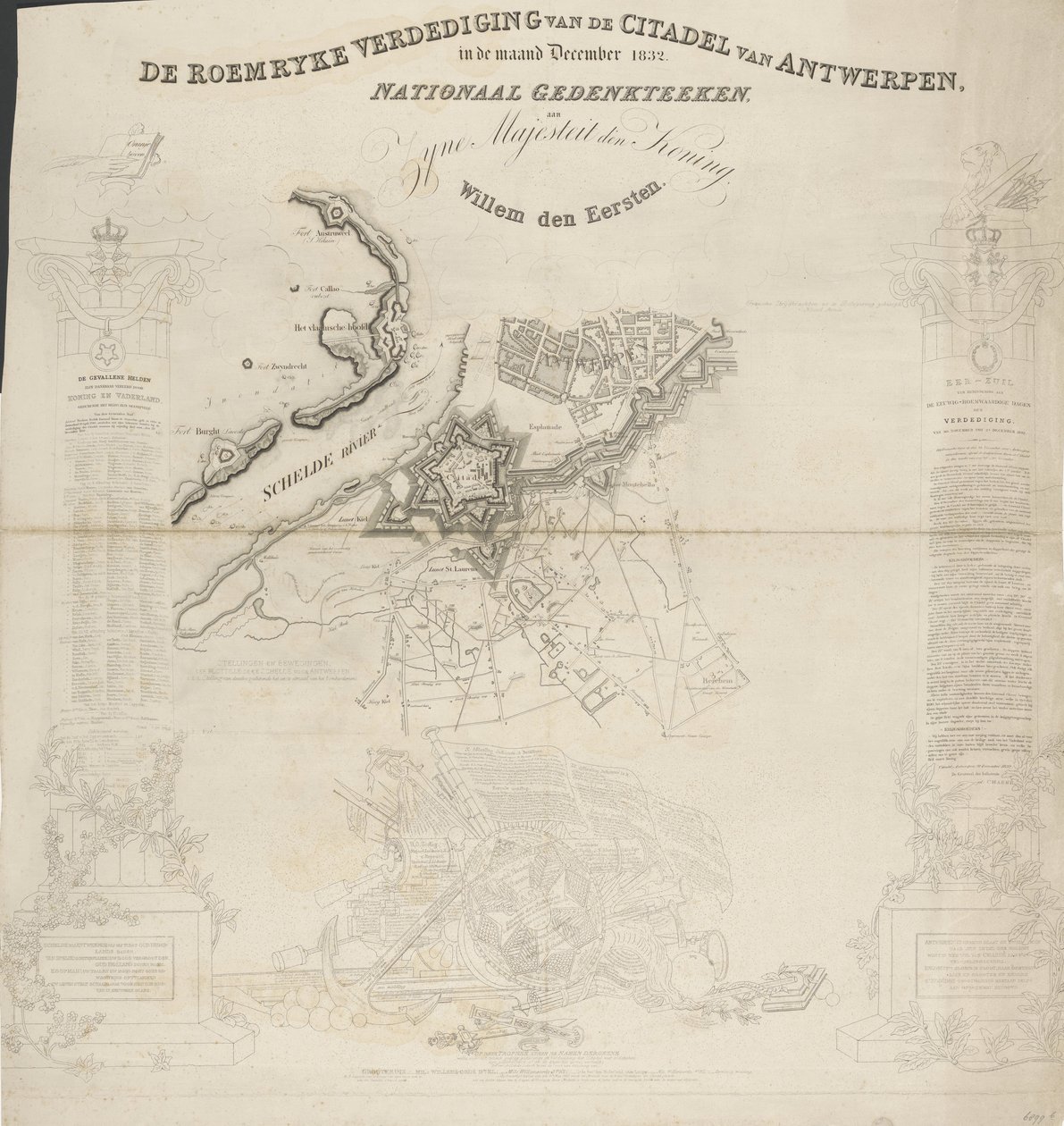 Az antwerpeni fellegvár Roemryke-védelme, 1832. december hónapban. Nemzeti Emlékmű, Őfelségének, Willem den Eerste királynak (cím a tárgyon) alkotó: Ja.s Wyld