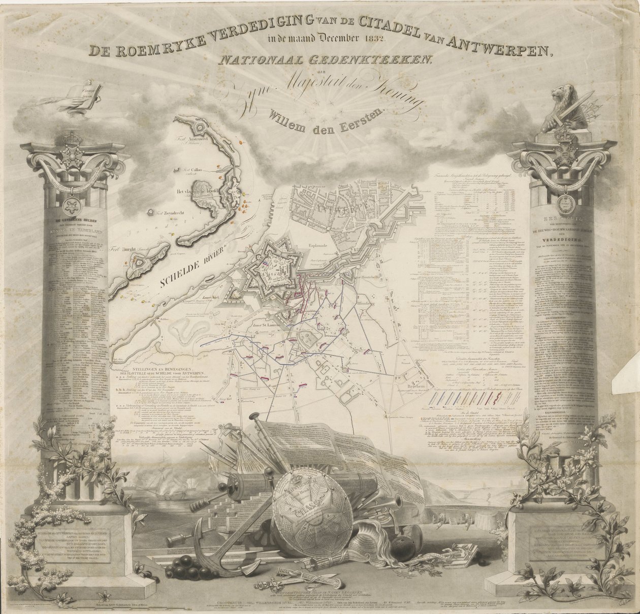Az antwerpeni fellegvár Roemryke-védelme, 1832. december hónapban. Nemzeti Emlékmű, Őfelségének, Willem den Eerste királynak (cím a tárgyon) alkotó: Ja.s Wyld