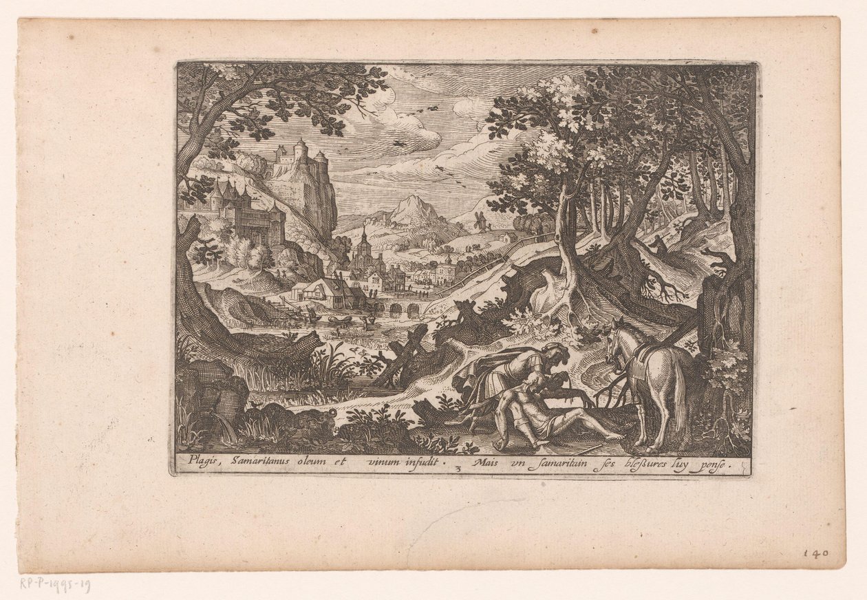Táj az irgalmas szamaritánus történetével: a szamaritánus felsegíti az áldozatot a lován Az irgalmas szamaritánus története (sorozat címe) alkotó: Jaspar de Isaac (attributed to)