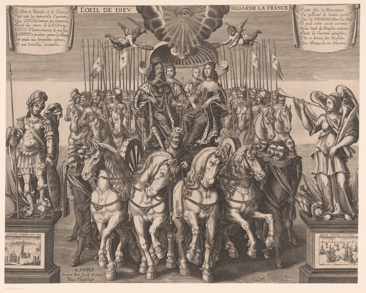 XIII. Lajos és Ausztriai Anna Dauphinnal és Anjou hercegével együtt négy lóval vontatta hintón L
