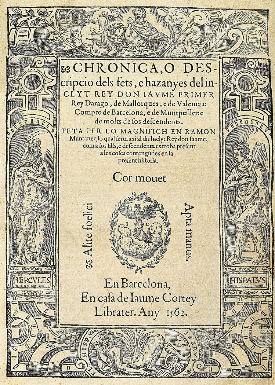 Ramon MUNTANER (1265-1336), katalán katona és oszlopíró. A Chronica, o descripcio dels fets, e hazanyes del inclit rey Don Jaume Primer című könyv borítója, egy Barcelonában, Jaume Cortey nyomdász házában készült kiadás. Gravírozás, Spanyolország, Barcelon alkotó: Jaume Cortey
