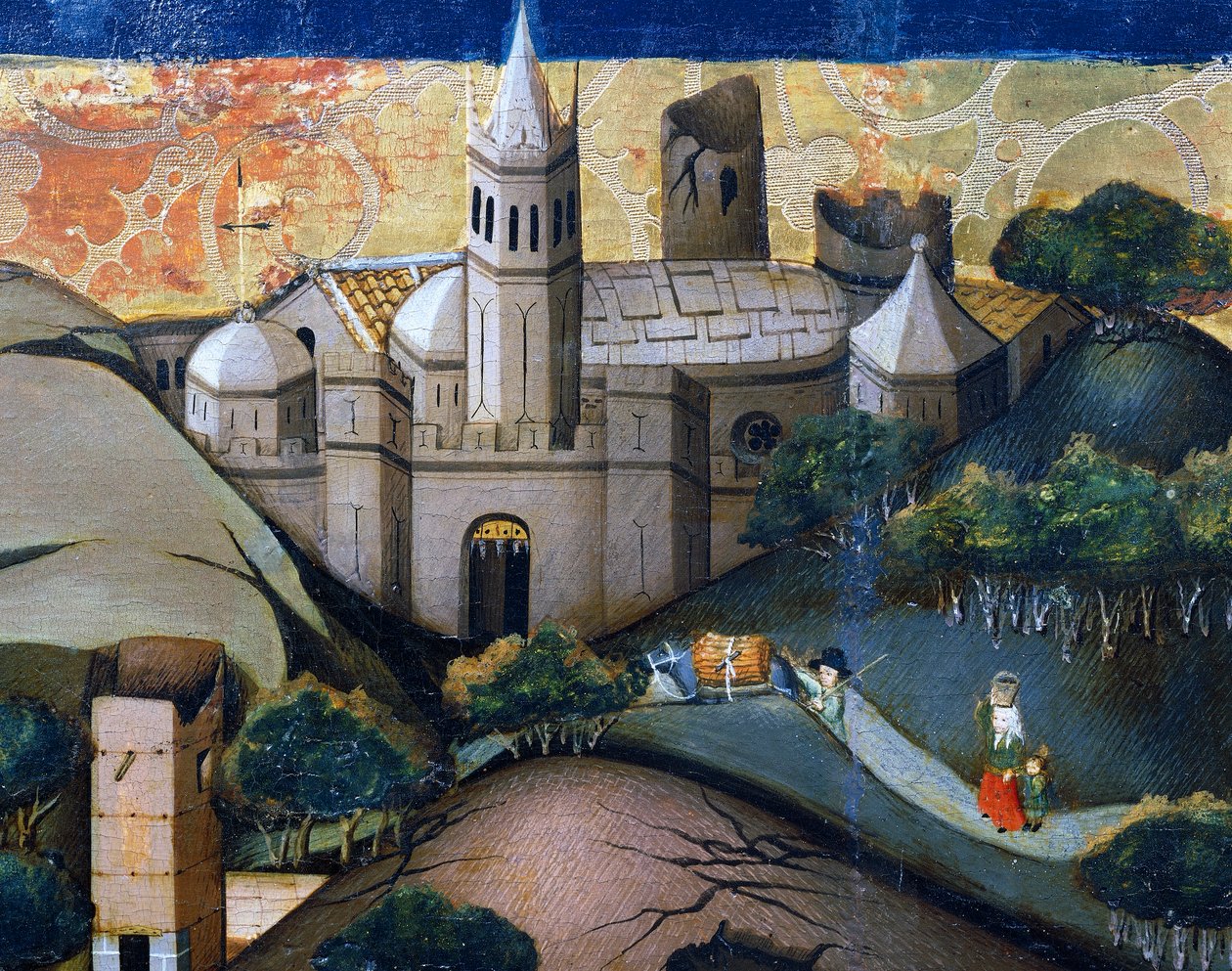 Táj a püspöki templommal, részlet a Repülésből Egyiptomba, oltárkép Verduból alkotó: Jaume Ferrer