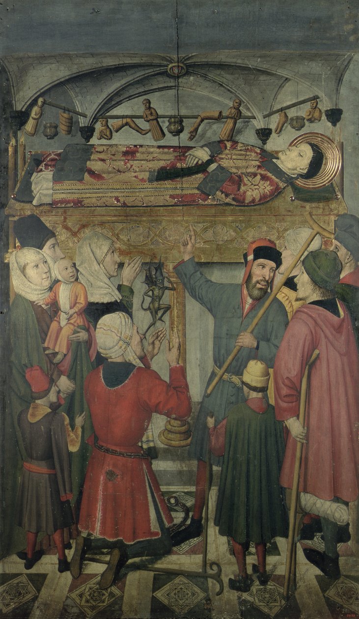 Egy megszállott férfi ördögűzése a Saragossai Szent Vince (†304) sírja alatt a Saragosszai Szent Vince oltárról alkotó: Jaume Huguet
