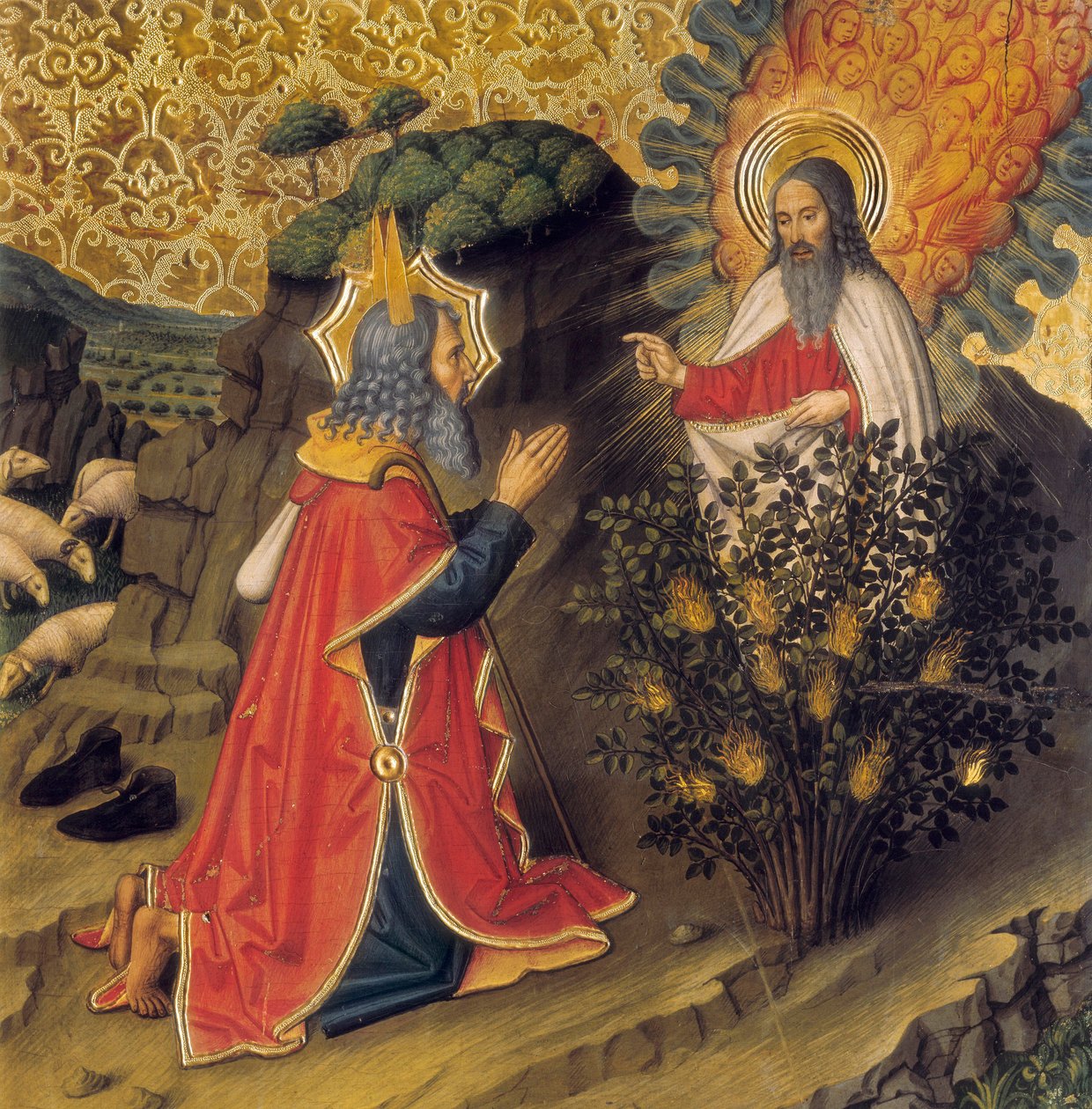 Mózes és az égő bokor (tempera a fán) alkotó: Jaume Huguet